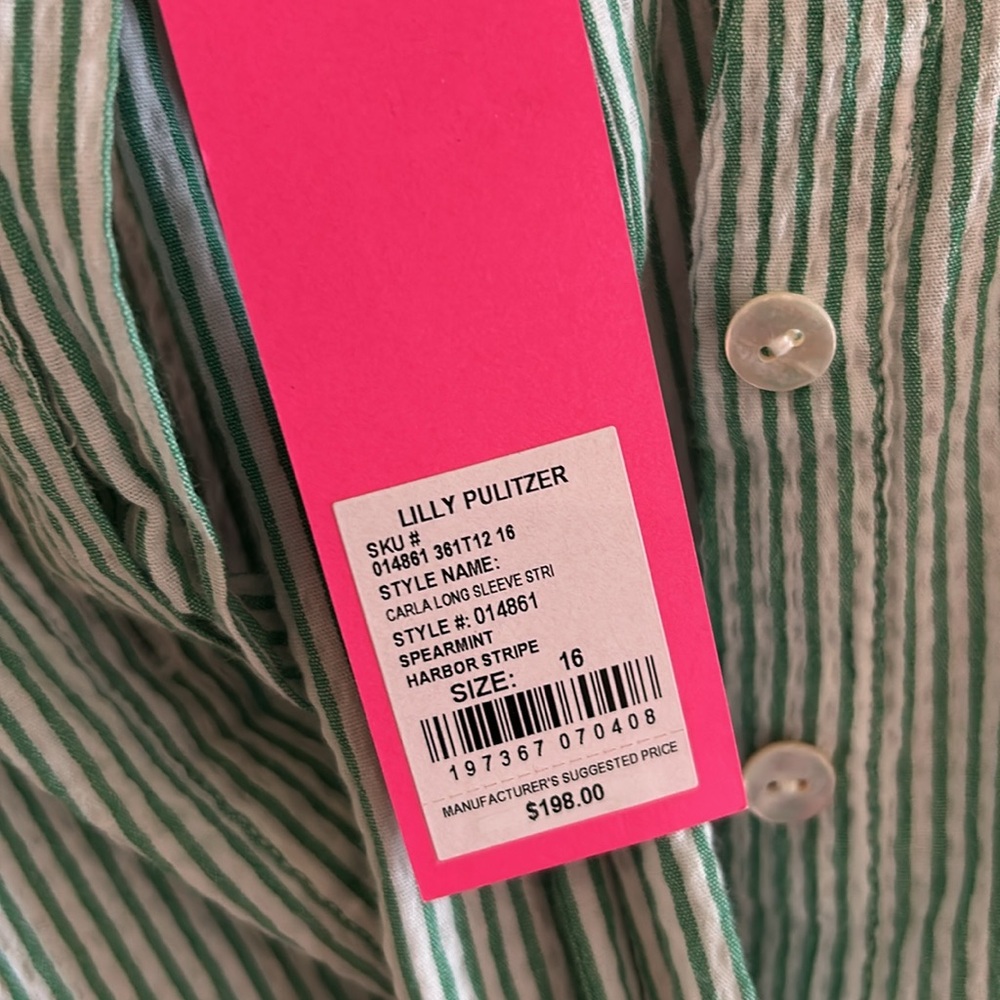 Lilly Pulitzer Mini Dress 16 Carla Striped Green White Seersucker Long Sleeves - Picture 2 of 3